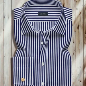 white shirt with blue stripes, blue striped dress shirt, white and blue stripe dress shirt, 100% cotton